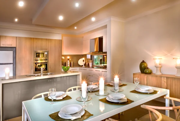 Luxury dining room and kitchen area decorated with flashing cand
