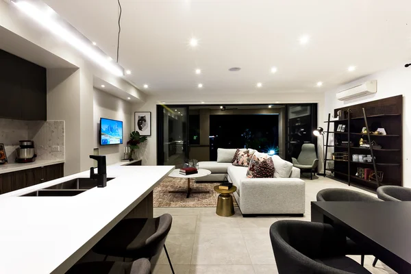 Creative living room including kitchen, dinner, shelf and living