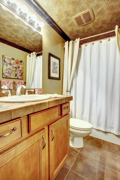Guest bathroom with stone tiled floor, and cheetah print ceiling