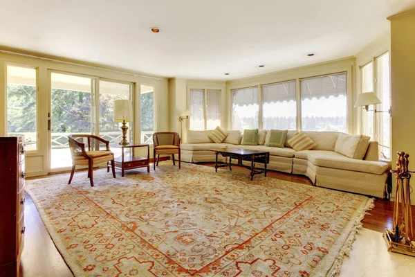 Excellent living room with decorative rug, furniture and a fireplace