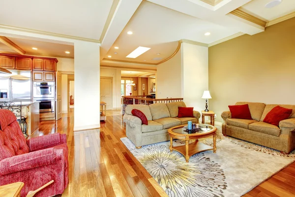 Bright brown and red living room interior with hardwood floor, nice carpet and high trimmed ceiling.