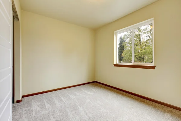 Bright empty room with carpet floor, window, ivory walls.