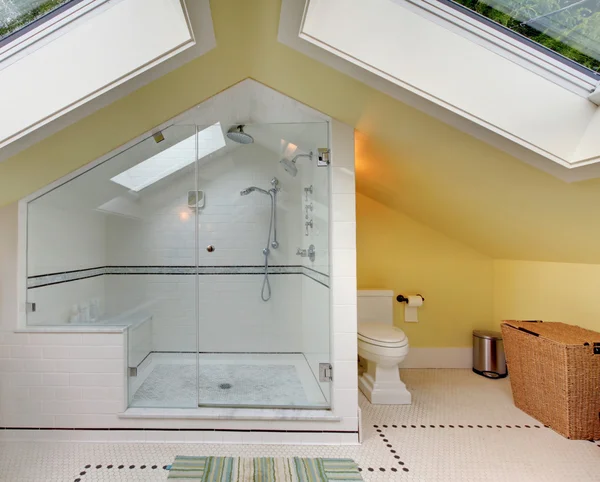 Modern bathroom upstairs with large shower and vaulted ceiling.
