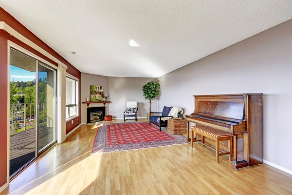 Living room with hardwood floor, fireplace, piano and rug.