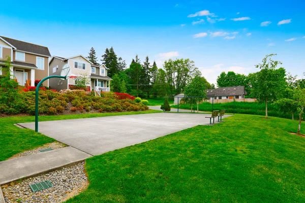 Small sports court near the house with green lawn.