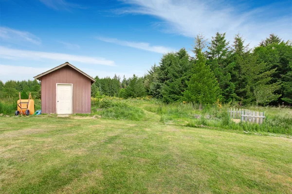Home garden on backyard with small red barn shed