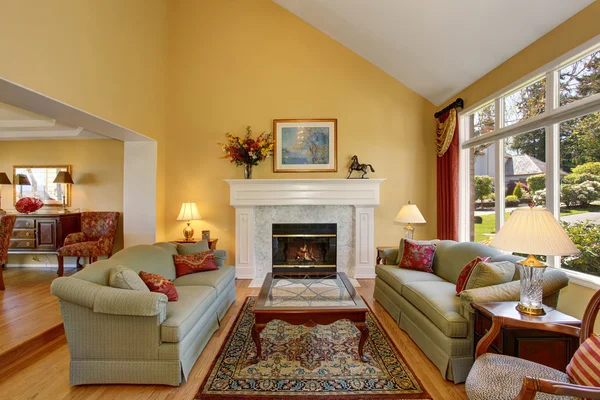 Elegant living room interior. Gray sofas with red pillows and white fireplace create comfort