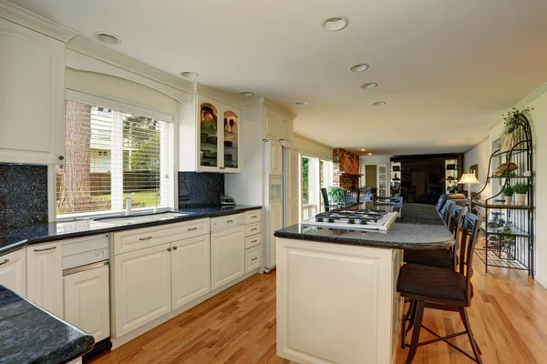 Bright kitchen room interior with white cabinets and kitchen island.