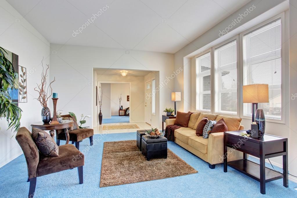 Moderno acogedor living comedor con piso de alfombra azul — fotos ...
