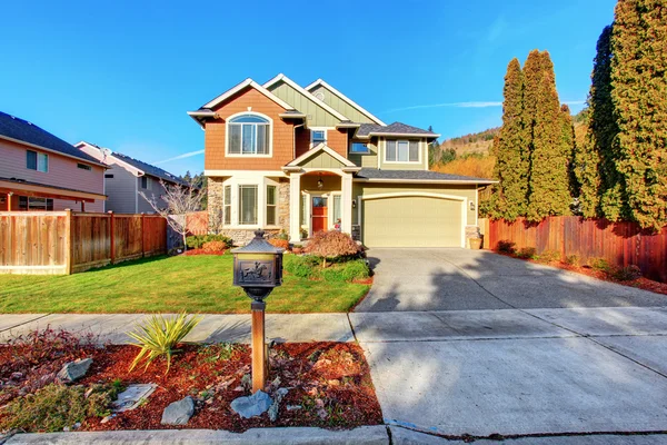 Classic house with garage, driveway, and grassy front yard.