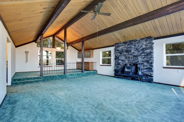 Empty living room with turquoise carpet floor in luxury house.