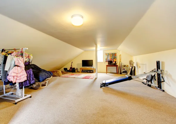 Large long attic game room with tv, clothing rack and sport equipment.