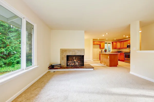 Nice airy family room with carpet floor and fireplace.