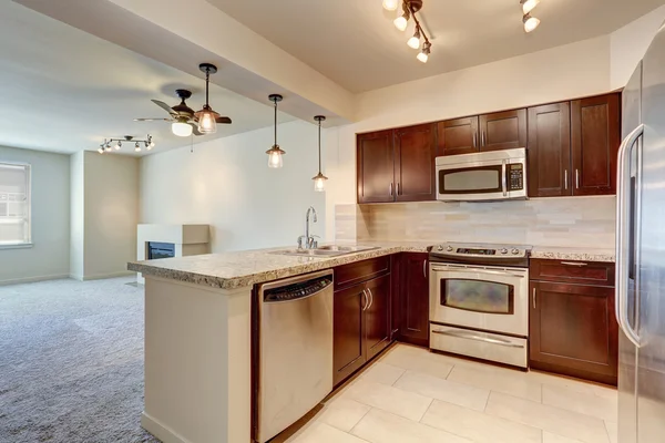 Modern kitchen interior with mahogany cabinets.