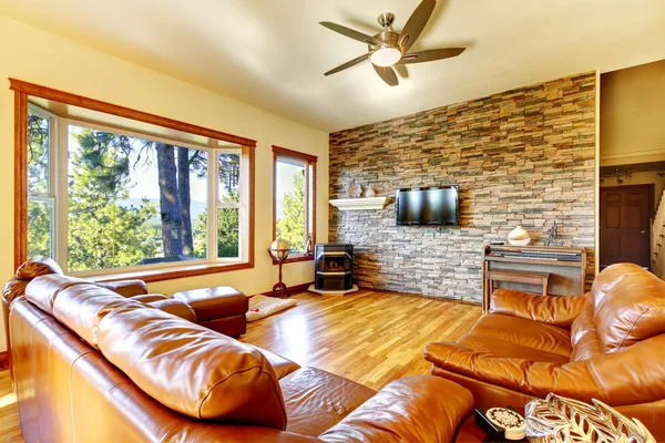 Brown living room interior with leather sofa set.