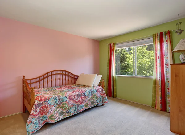 Modern pink adult bedroom interior. Also green wall and colorful curtains