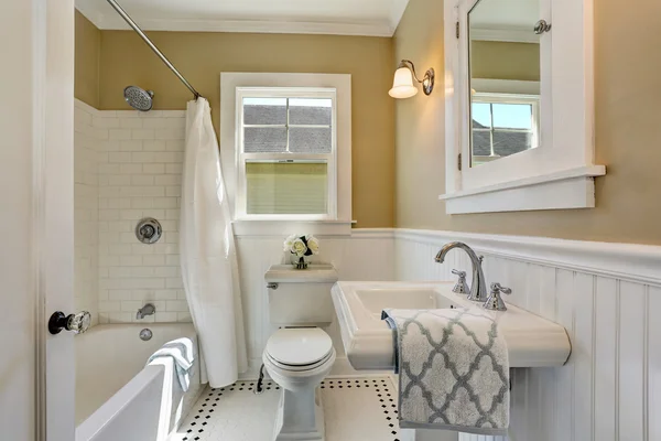 American bathroom interior in white tones and tile floor.