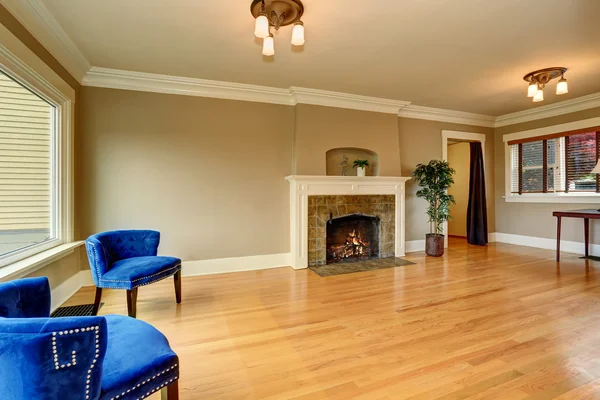 Empty living room interior with fireplace and blue armchairs.