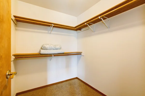 Empty narrow walk-in closet with shelves and carpet floor