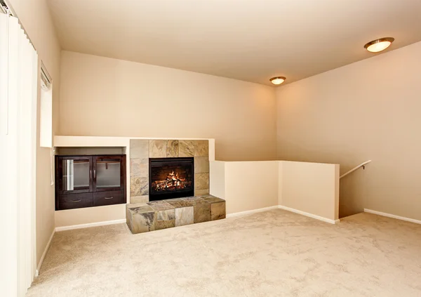 Empty living room interior with fireplace and carpet floor.