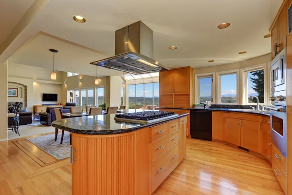 Modern style kitchen interior with large kitchen island