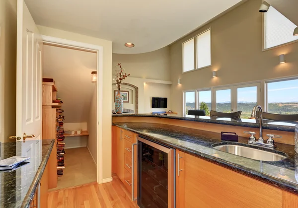 Modern style kitchen interior with wine storage room