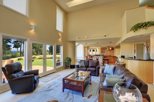 Great living room interior with high vaulted ceiling.