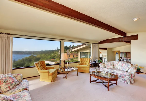 Luxury interior of living room with vaulted ceiling