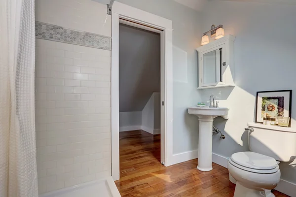 Interior design of craftsman bathroom with pastel blue walls