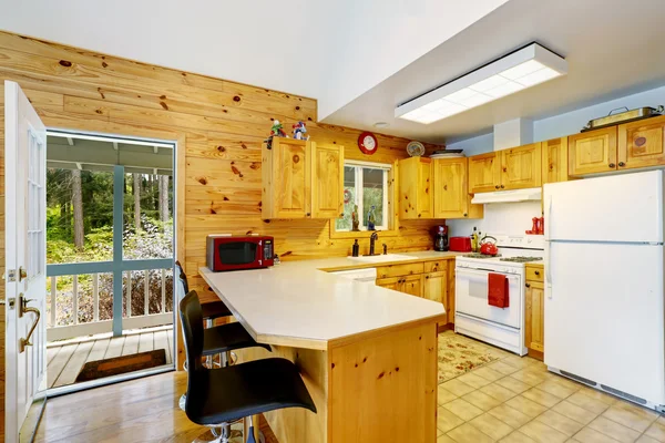 Interior design of wooden kitchen with white appliances.