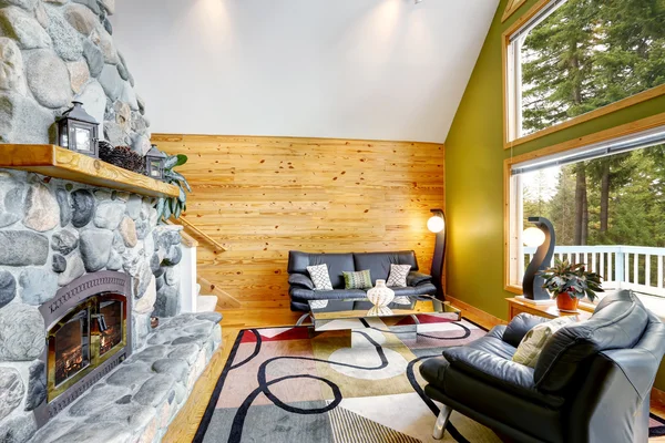 Family room interior with stone wall and wooden wall paneling
