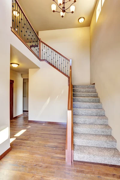 Hallway interior with hardwood floor. View of carpet floor stairs.