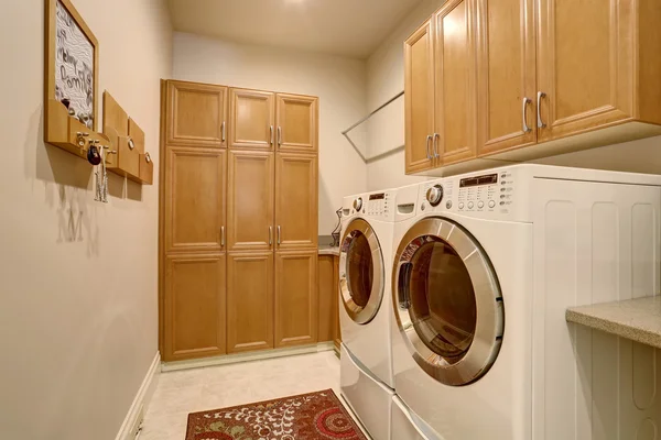 Interior design of laundry room with modern appliances.