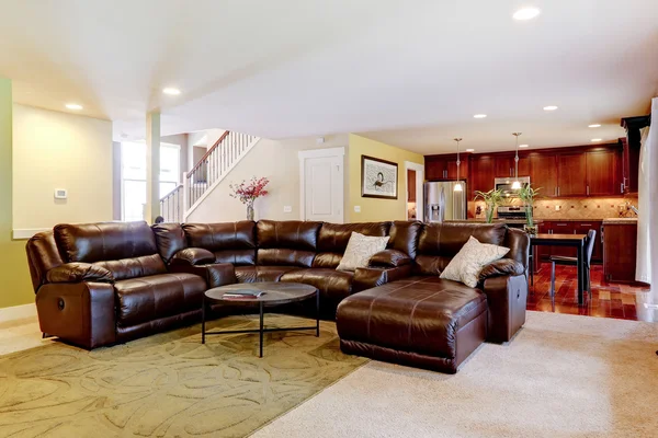 House interior. Living room with cozy leather couch