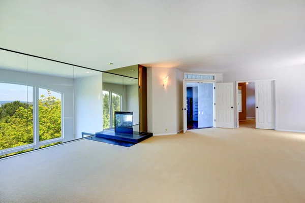 Bright empty room with fireplace and glass wall