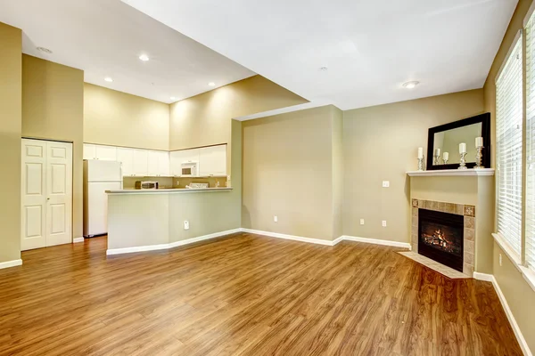 Empty apartment with open floor plan. Living room with fireplac