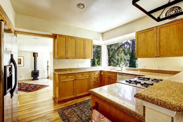 Simple kitchen interior with wooden cabinets and granite tops