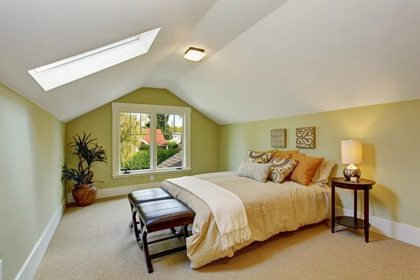 Bedroom interior with vaulted ceiling and light mint walls