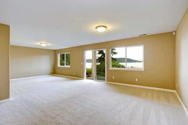 Spacious family room with clean carpet floor and exit to walkout