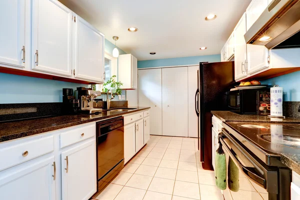 White kitchen room with black appliances