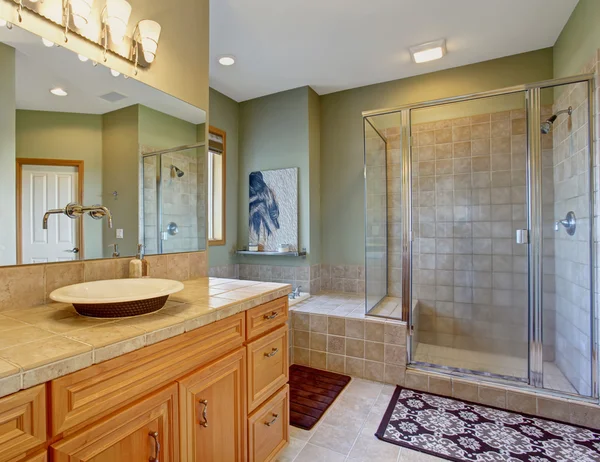 Perfect bathroom with bowl style sinks, and glass shower.