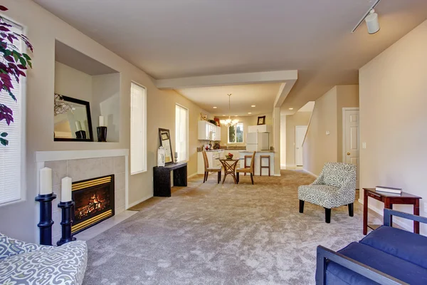Present day living room with carpet and fireplace.