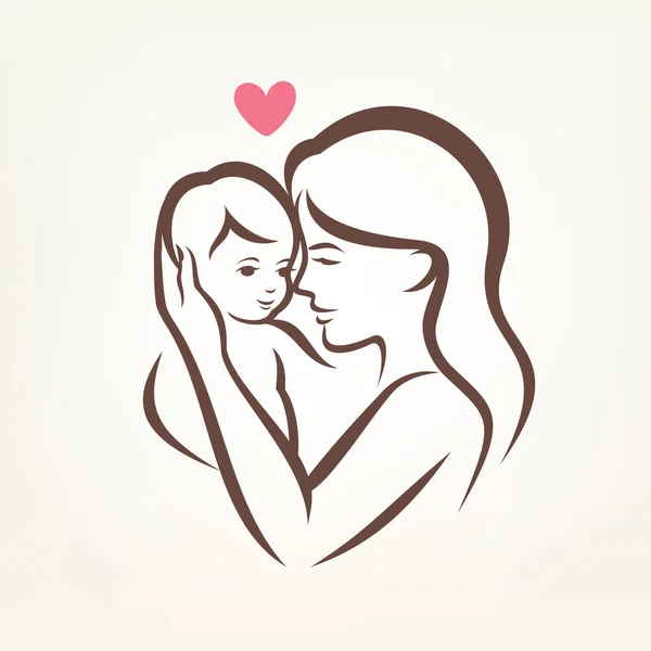 Mother and son stylized vector silhouette, outlined sketch of mo