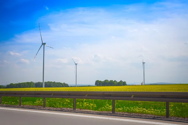 Electric wind turbines in a field
