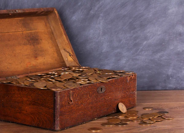 Wooden chest filled with old copper coins