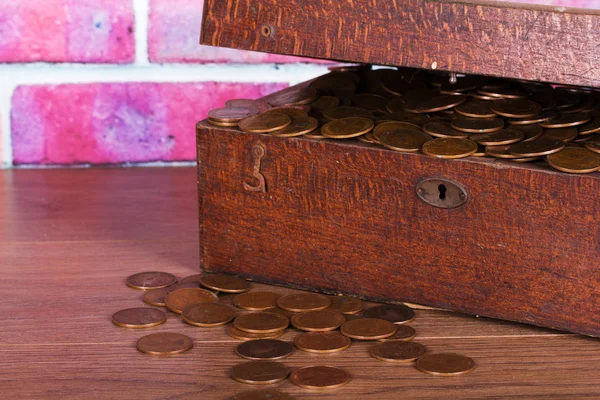 Wooden chest filled with old copper coins