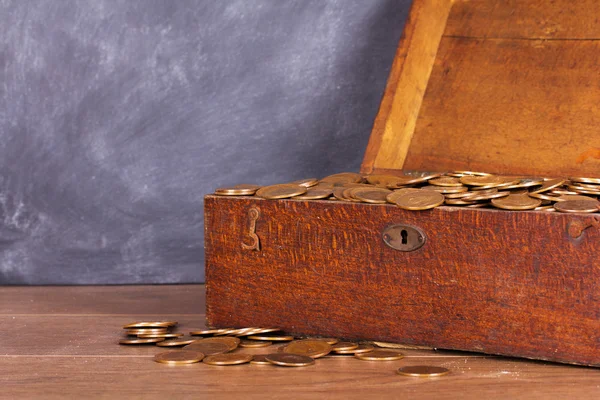 Wooden chest filled with old copper coins