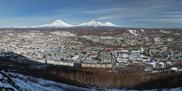 Panorama: city Petropavlovsk-Kamchatsky and volcanoes. Kamchatka (Russia)