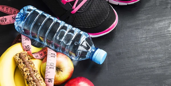 Fruits, water bottle and training shoes, sport itmes, healthy li