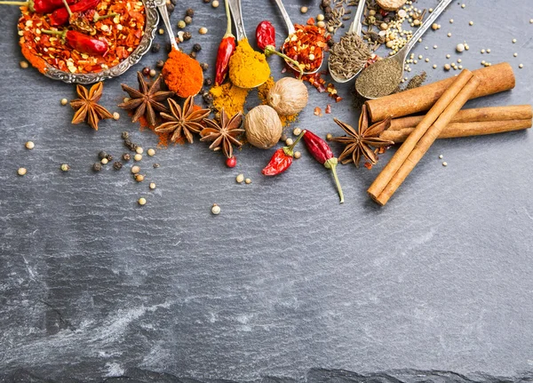 Cooking spices powders and seed, chili flakes, nutmeg and cinnam